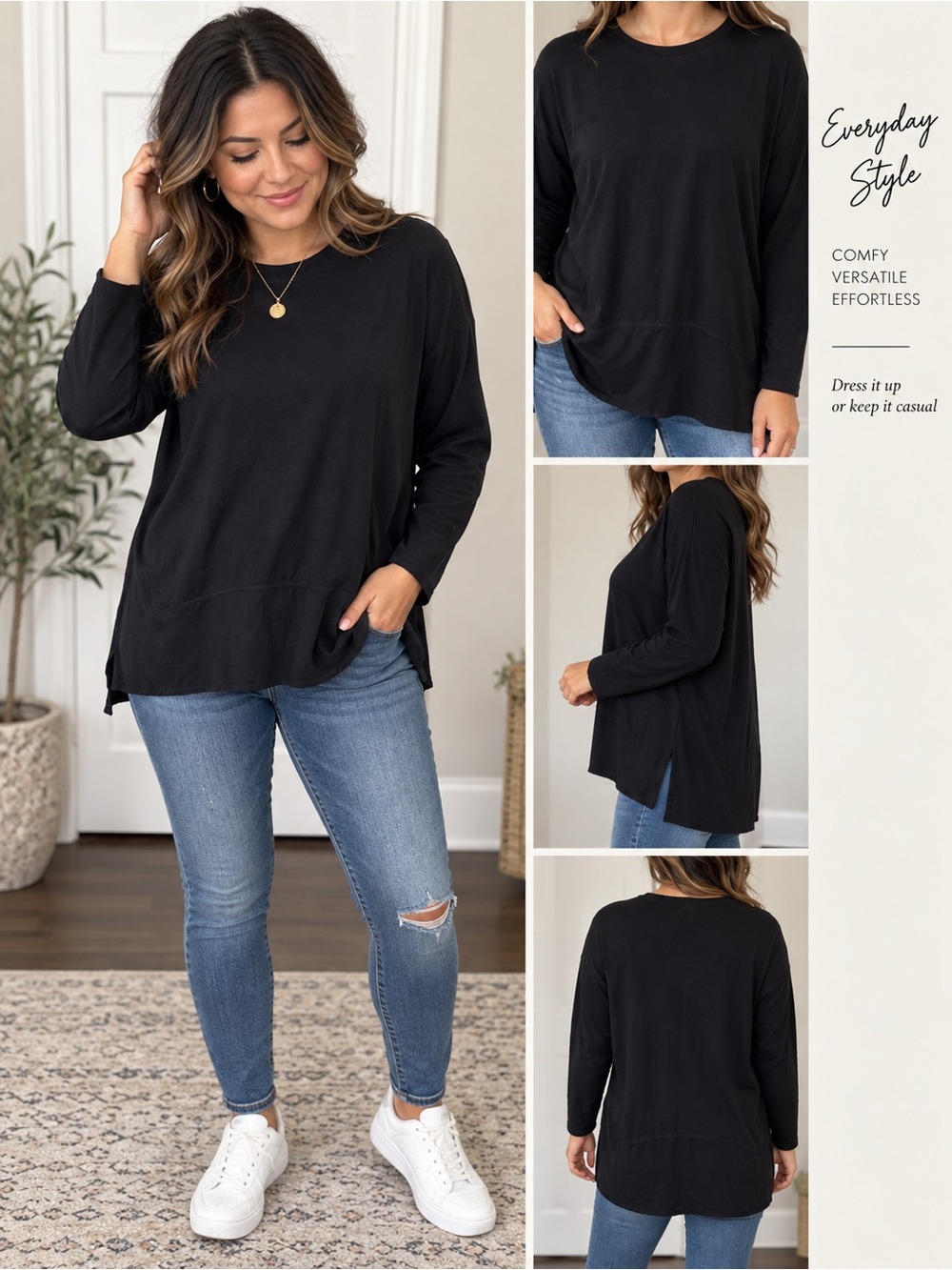 ZARA 100% Lyocell Black Long Sleeve Tunic Top NWOT Relaxed Fit